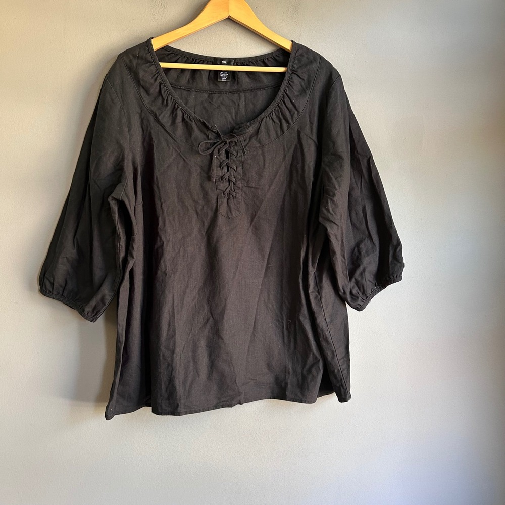 Ellos Black Linen Blend Lace Up Peasant Blouse 3/4 Balloon Sleeve 22W 47-0326-0